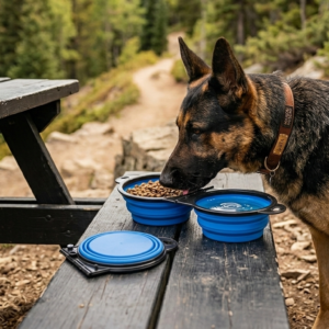 double gamelle pliable pour chien avec un compartiment eau et un compartiment croquettes