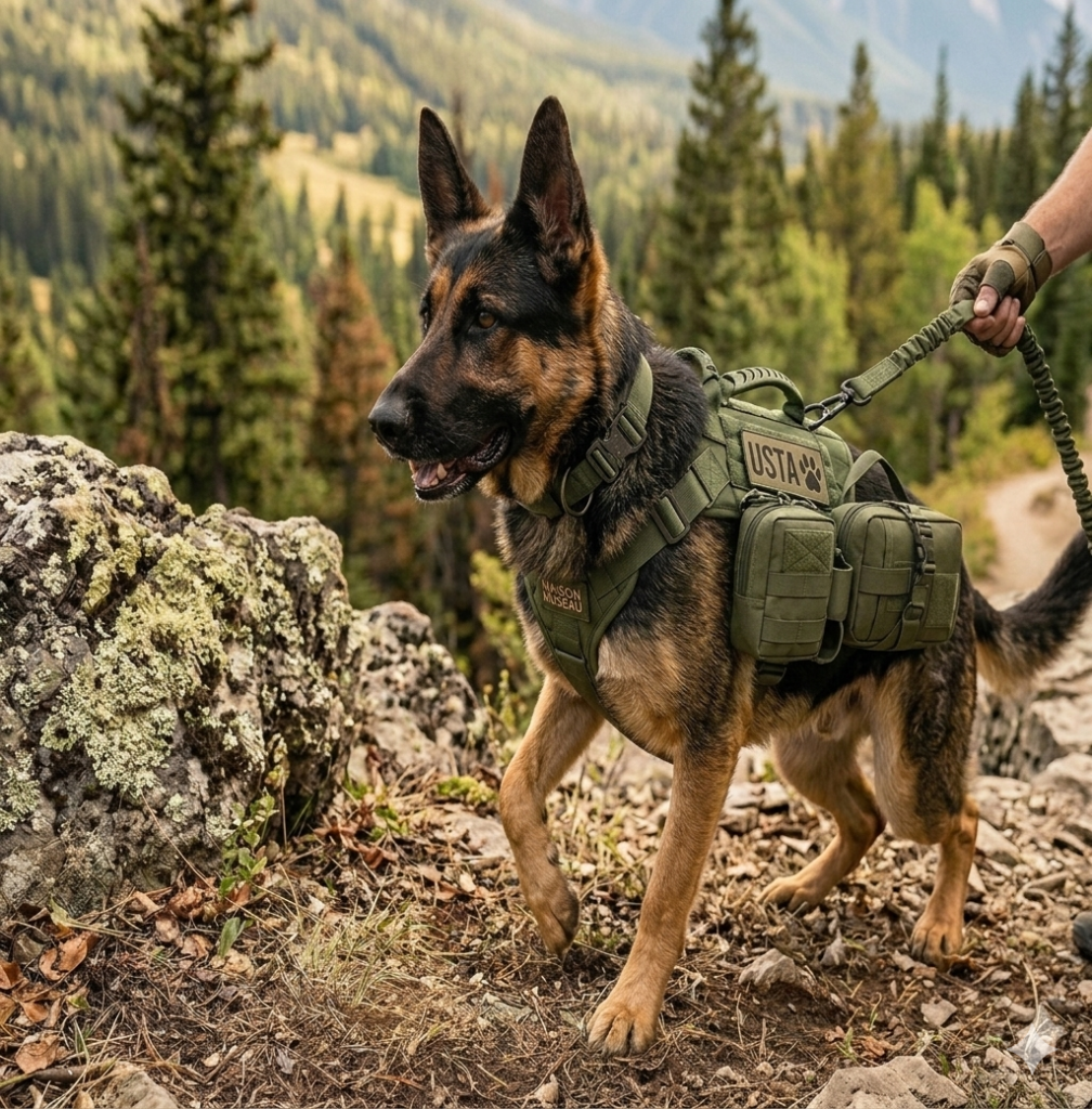 équippement tactique complet pour chien avec harnais, laisse, collier et accessoires